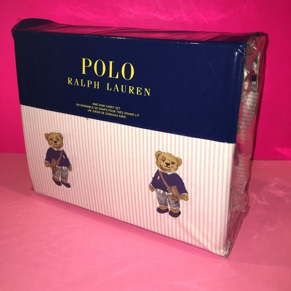 Ralph Lauren Polo Bear Girl Pink 100% Cotton Striped King Fitted Sham 4pcs Set - Picture 1 of 7